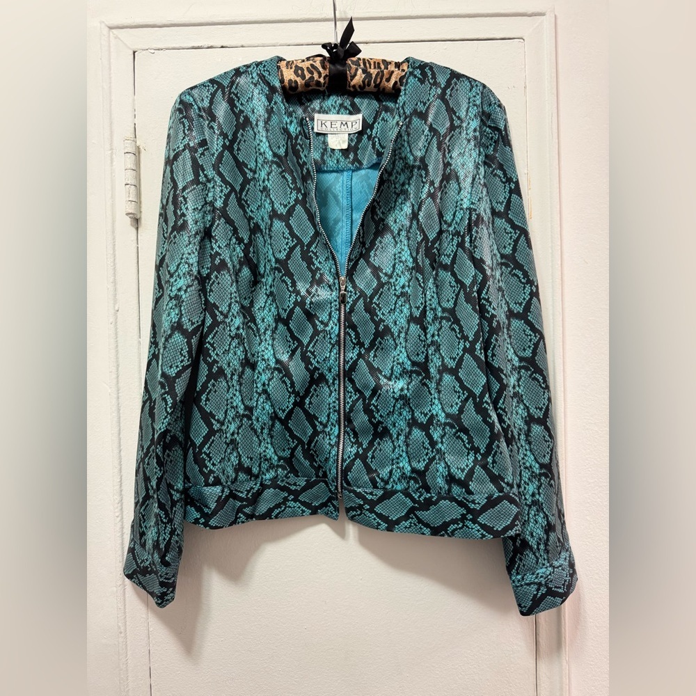Vintage Snakeskin Kemp Collection Jacket 90’s Turquoise Animal Print Sz 8